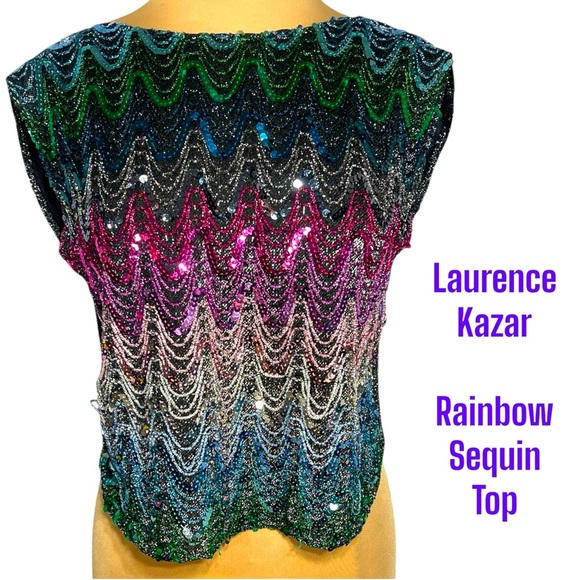 Vintage Laurence Kazar rainbow sequin crop top size M - Picture 1 of 5